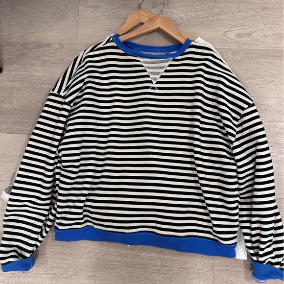 Free People Tops - Free People Striped Terry Cloth Sweater with Royal Blue Trim